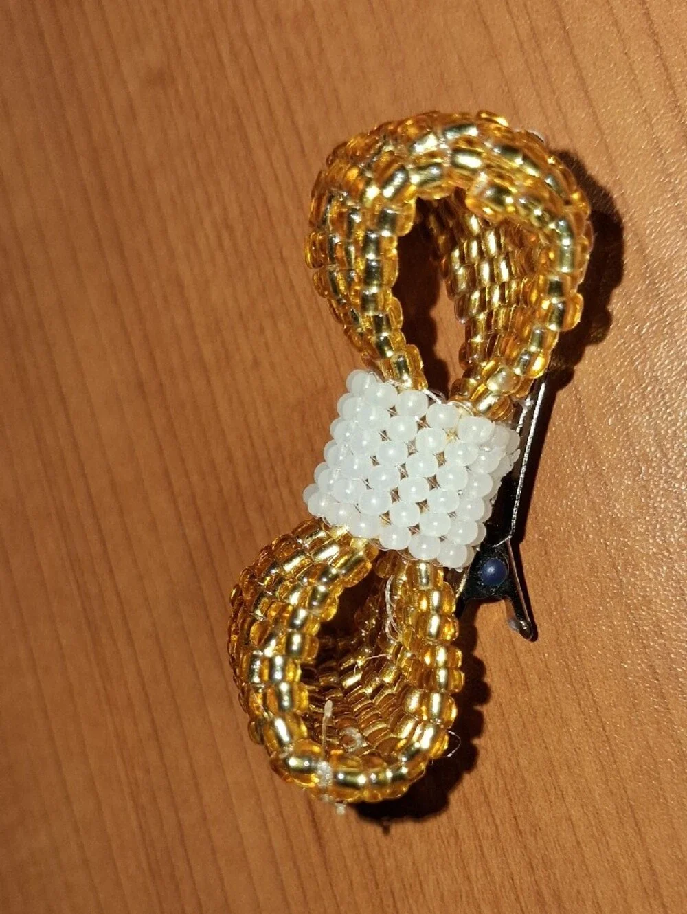 Gold and White Beaded Bow Hair Clip